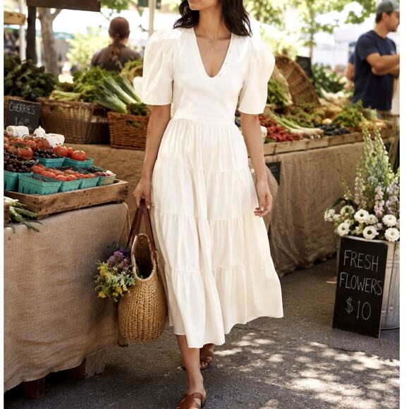 Ulla Johnson Dresses & Skirts - Ulla Johnson S Cotton Poplin Puff Sleeve Rory Dress Tiered Midi Ivory White $425